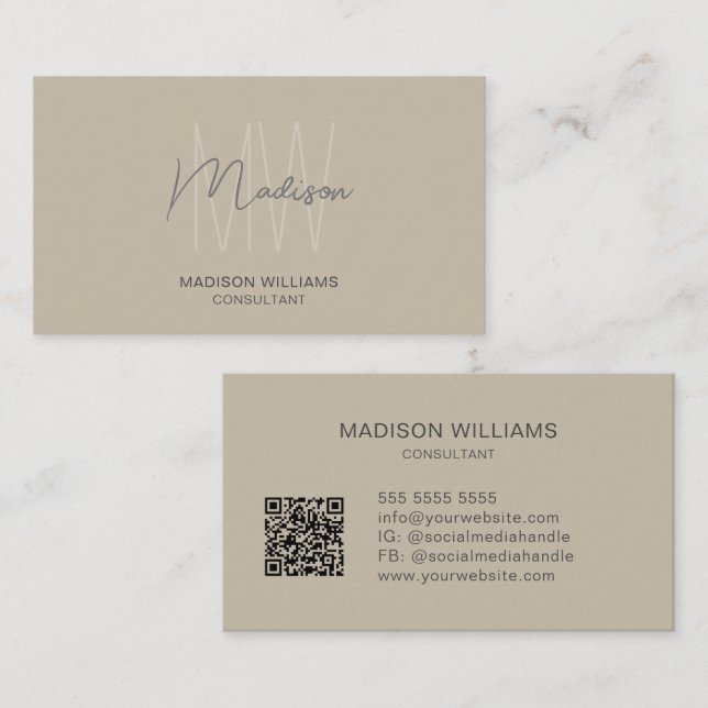 Carte De Visite Logo Monogramme Moderne Code QR Beige Consultant (Devant / Derrière)
