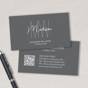 Carte De Visite Logo Monogramme Moderne Code QR Gris Consultant