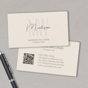 Carte De Visite Logo Monogramme moderne QR Code Cream Tan Consulta