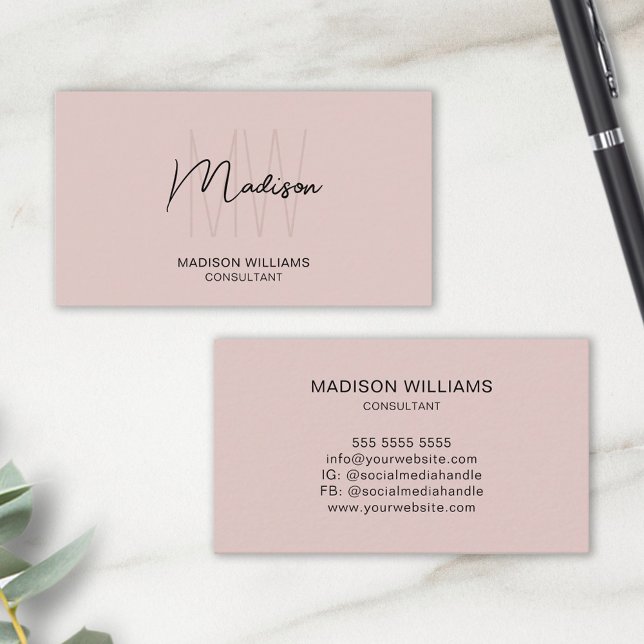 Carte De Visite Logo Monogramme Moderne Rose Pâle Consultant (Modern Monogram Logo Blush Pink Consultant Business Card)