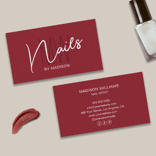 Carte De Visite Logo Monogramme Moderne Rouge Foncé Artiste Ongles