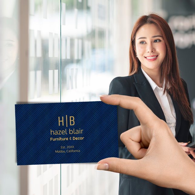 Carte De Visite Logo Monogramme Or Moderne Carré bleu (Créateur téléchargé)