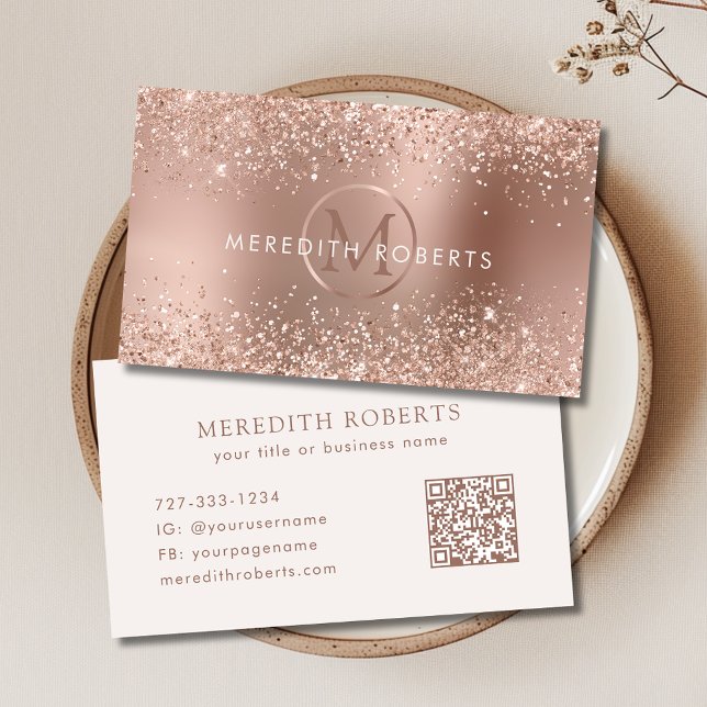 Carte De Visite Logo Monogramme Pailleté Or Rose (Rose Gold Glitter Monogram Logo Business Card)