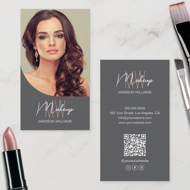 Carte De Visite Logo Monogramme Photo Maquillage Artiste Grey (Monogram Logo Photo Makeup Artist Gray Business Card)