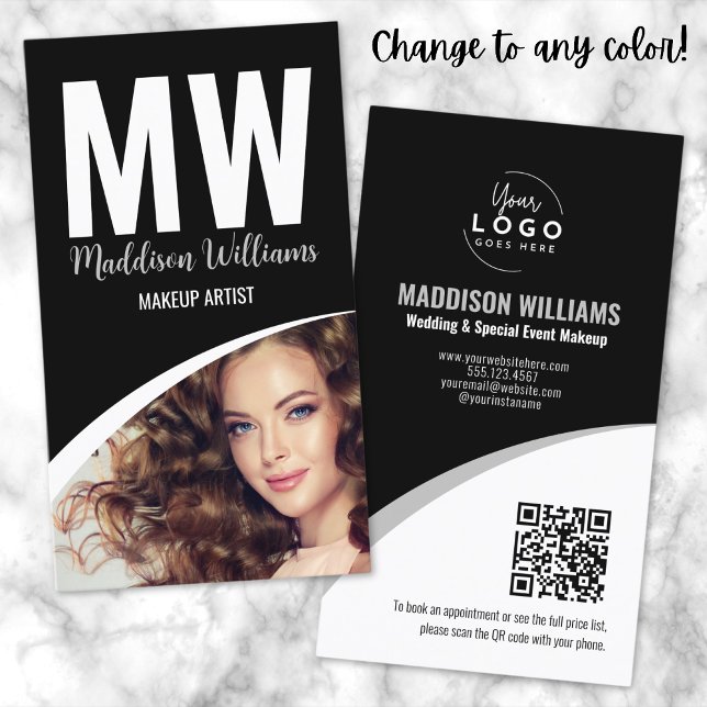 Carte De Visite Logo Monogramme Photo Moderne Noir Blanc (Black White Modern Makeup QR Code Logo Monogram Business Card)