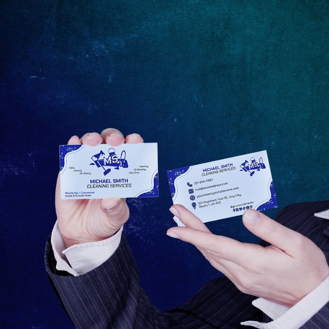 Carte De Visite Logo Monogramme professionnel Blue Cleaning Servic (Créateur téléchargé)