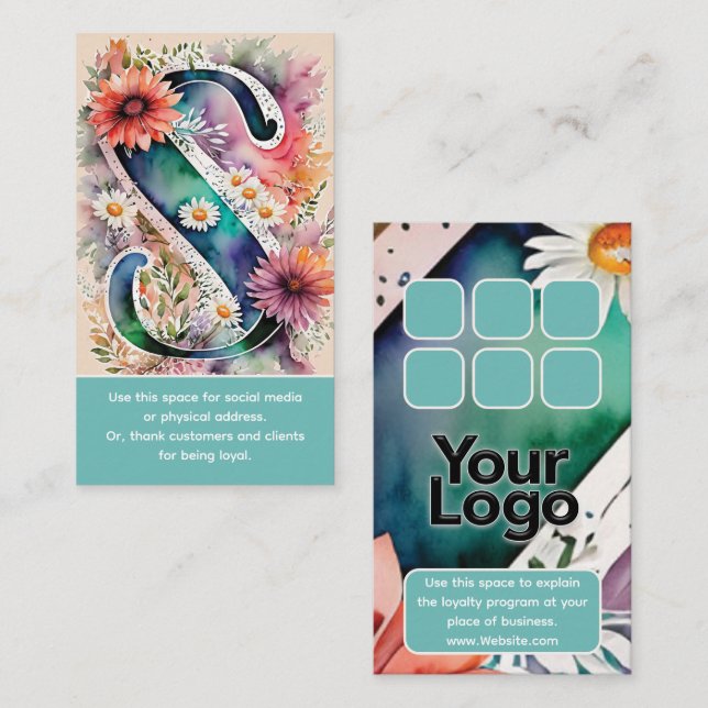 Carte De Visite Logo monogramme S Daisy Floral Aquarelle (Devant / Derrière)