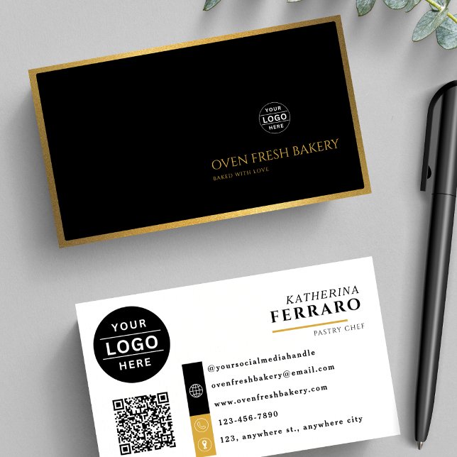 Carte De Visite Logo noir blanc QR Code Gold Border Bakery (Créateur téléchargé)