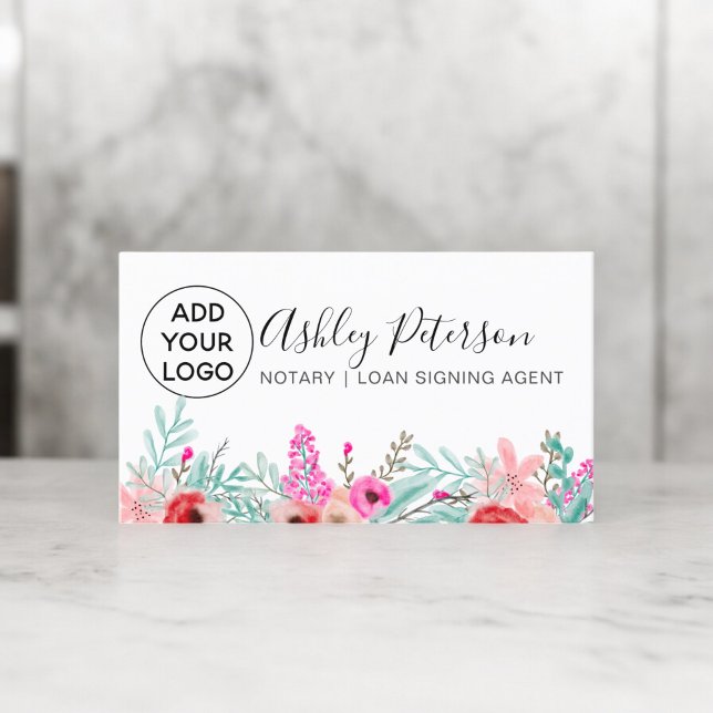Carte De Visite Logo noir Bouquet d'aquarelle couleur rose menthe (Notary logo Mint pink floral watercolor bouquet Business Card)