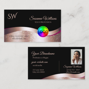 Carte De Visite Logo noir Rose Wavy Gold Decor Monogramme et photo