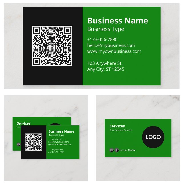 Carte De Visite Logo noir vert Code QR (Green Black Logo QR Code Business Cards)