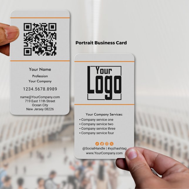 Carte De Visite Logo numérisable à code QR Portrait noir orange gr (Scannable QR-code Logo Black Orange Gray Portrait Business Card)