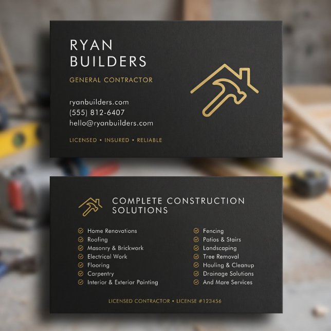 Carte De Visite Logo Or Construction Moderne Noir Et Or (Construction Modern Black Gold Logo Business Card)