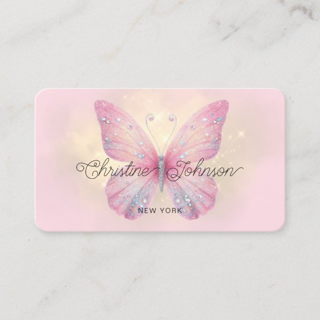 Carte De Visite logo papillon en faux parties scintillant rose (Devant)