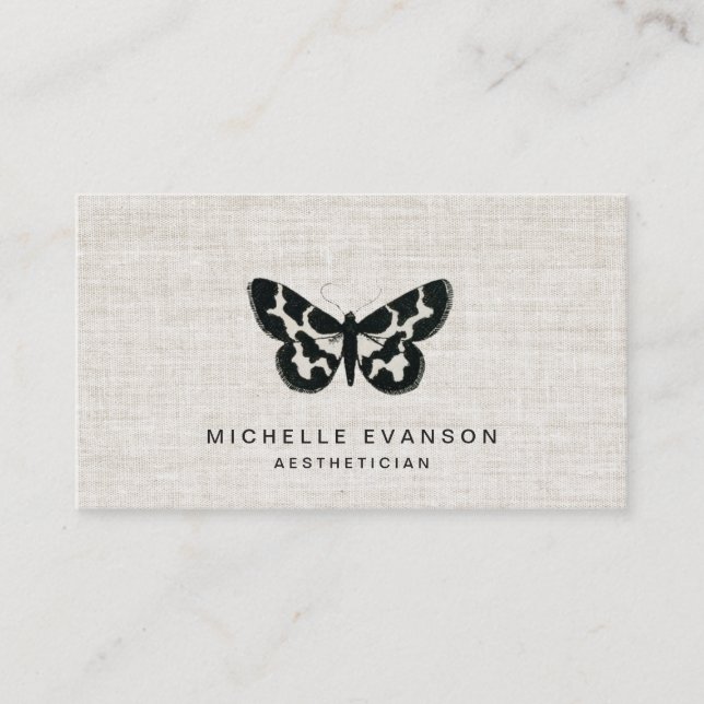 Carte De Visite Logo papillon noir rustique sur lin élégant (Devant)