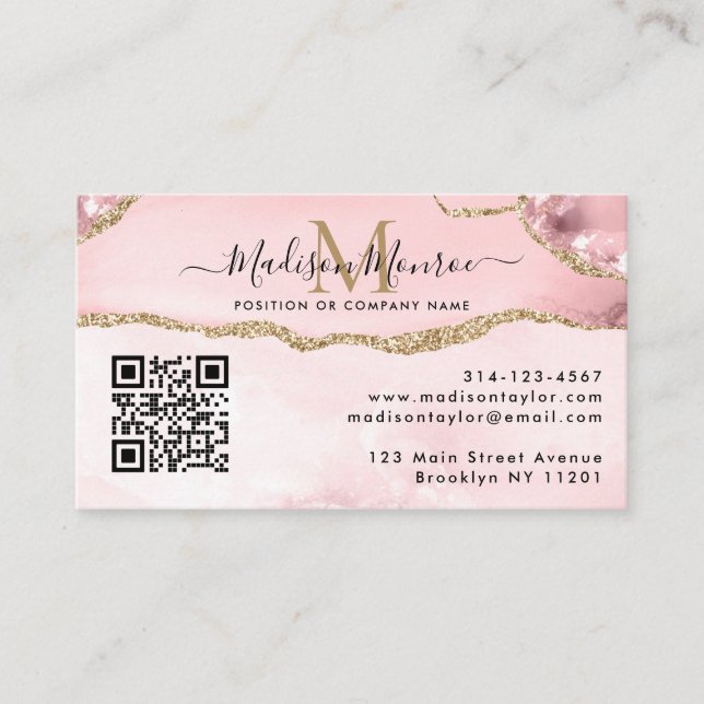 Carte De Visite Logo personnalisé Blush Pink Code QR Agate Monogra (Devant)