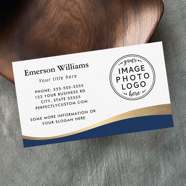 Carte De Visite Logo personnalisé couleur bleu foncé (Dark blue faux golden wave custom logo business card)
