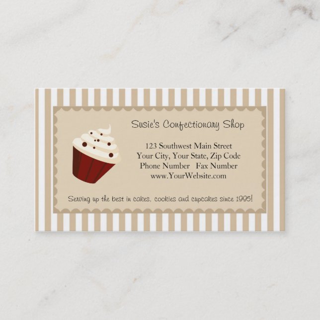 Carte De Visite Logo personnalisé Cupcake, rayures mocha douces (Devant)