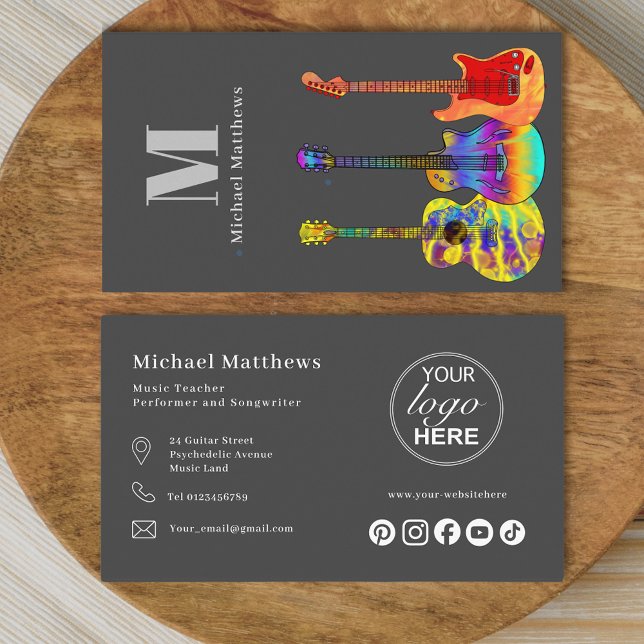 Carte De Visite Logo personnalisé de l'enseignant de guitare et mé (Modern guitar music teacher professional musician logo social media gray business card Monogram )