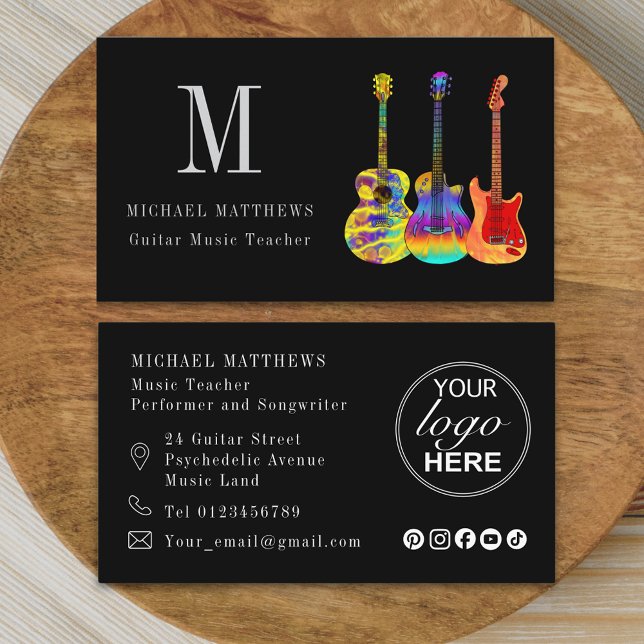 Carte De Visite Logo personnalisé de l'enseignant de musique de gu (Modern professional musician guitar music teacher logo social media Business card)
