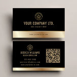 Carte De Visite Logo personnalisé élégant Black Gold QR Code<br><div class="desc">Ce carte de visite est un choix sophistiqué et professionnel pour toute personne désirant faire une impression durable. Le jeu de couleurs noir et or est intemporel et élégant,  et le code QR vous permet de partager facilement vos coordonnées et votre site avec des clients ou des clients potentiels.</div>