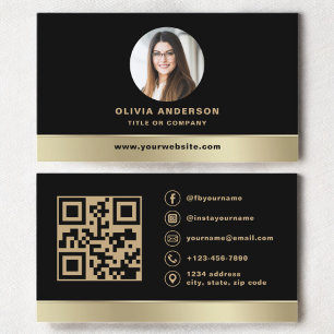 Carte De Visite Logo personnalisé Elegant Black Gold QR Code Photo