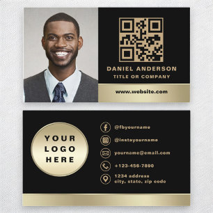 Carte De Visite Logo personnalisé Elegant Black Gold QR Code Photo