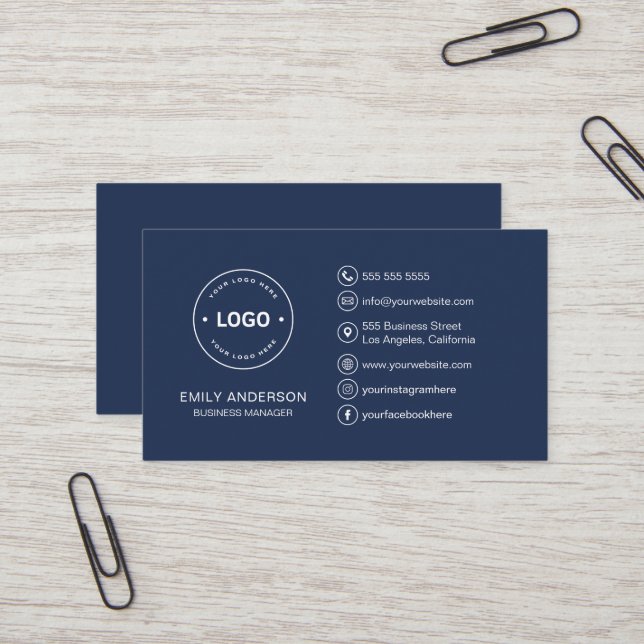 Carte De Visite Logo personnalisé Minimal Navy Blue Professional (Devant/Arrière en situation)
