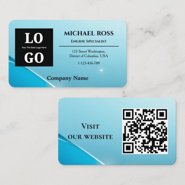 Carte De Visite Logo personnalisé moderne bleu nacré et code QR (Devant / Derrière)