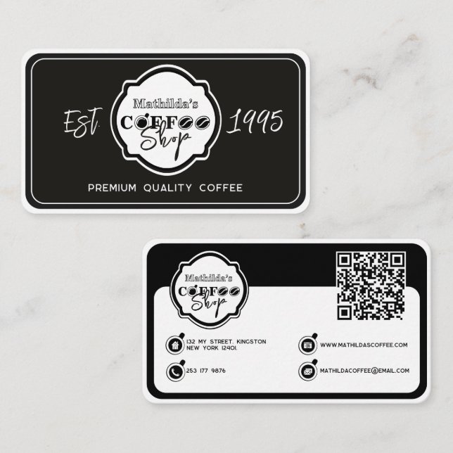Carte De Visite Logo personnalisé pour café professionnel noir (Devant / Derrière)
