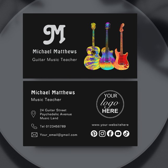 Carte De Visite Logo personnalisé pour professeur de guitare music (Retro Guitar music teacher custom social media logo business card)