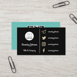 Carte De Visite Logo personnalisé Social Media Gold QR Code Aqua