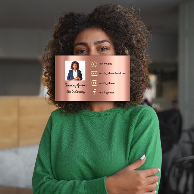 Carte De Visite Logo personnalisé Social Media Gold QR Code Rose p (Custom Logo Social Media Gold QR Code Photo Rose Business Card )