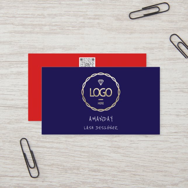 Carte De Visite Logo personnalisé Social Media QR Code Gold Marine (Devant/Arrière en situation)