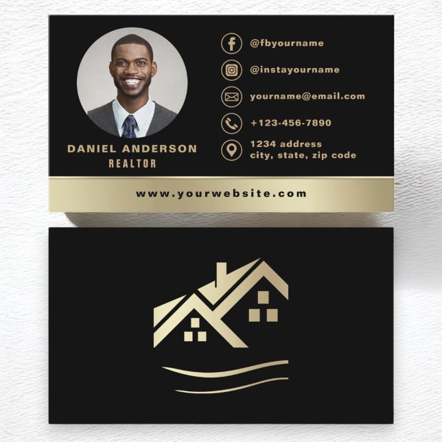 Carte De Visite Logo photo Black Gold Real Estate Realtor Modern (Créateur téléchargé)