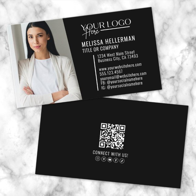 Carte De Visite Logo photo Black Modern Professional QR Code (Black Modern Professional QR Code Photo Logo Business Card)