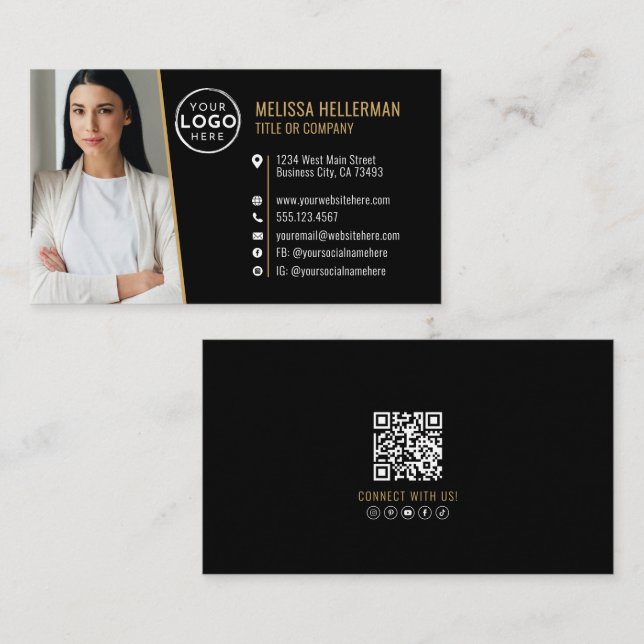 Carte De Visite Logo photo code QR professionnel Or noir (Devant / Derrière)