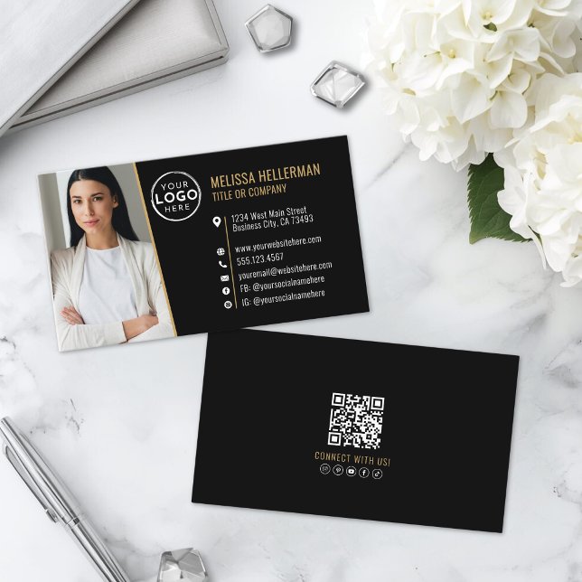 Carte De Visite Logo photo code QR professionnel Or noir (Black Gold Professional QR Code Photo Logo Business Card)