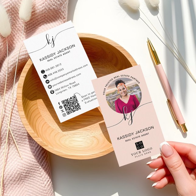 Carte De Visite Logo photo d'affaires de cercle de monogramme de s (Script Monogram Circle Business Photo Logo QR Code Business Card)