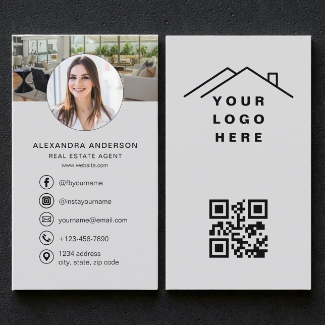 Carte De Visite Logo photo de l'agent immobilier avec code QR gris (Créateur téléchargé)