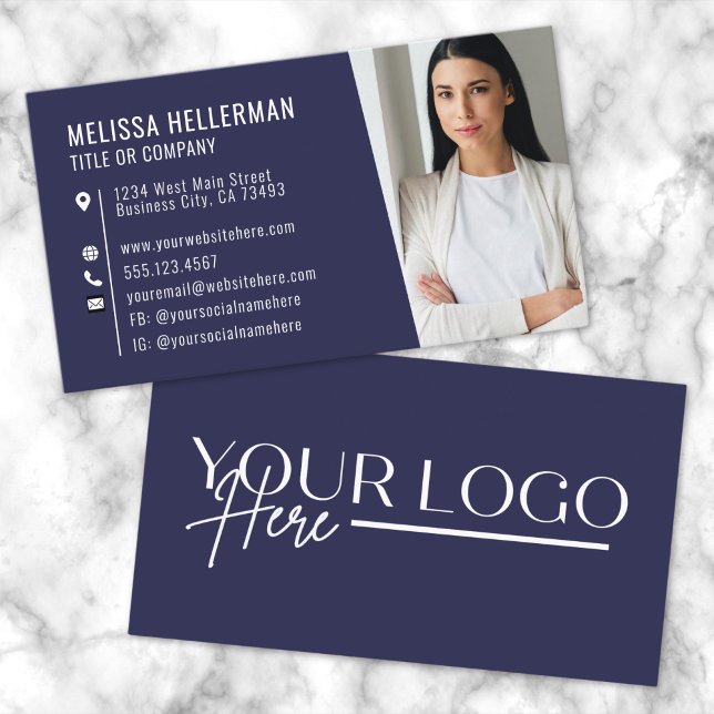Carte De Visite Logo photo de Modern Navy Blue Professional (Modern Navy Blue Professional Photo Logo Business Card)