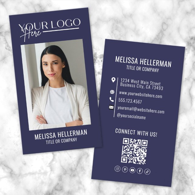 Carte De Visite Logo photo du code QR professionnel de la marine m (Modern Navy Blue Professional QR Code Photo Logo Business Card )