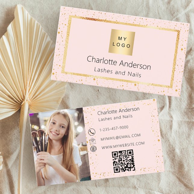 Carte De Visite Logo photo en or noir rose code QR moderne (Créateur téléchargé)