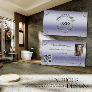 Carte De Visite Logo Photo et Code QR Décor Argent Bleu Brillante