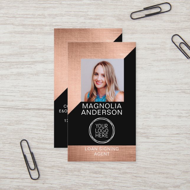 Carte De Visite Logo photo moderne Rose Gold Foil (Devant/Arrière en situation)