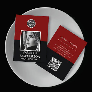 Carte De Visite Logo photo moderne rouge et noir Code QR