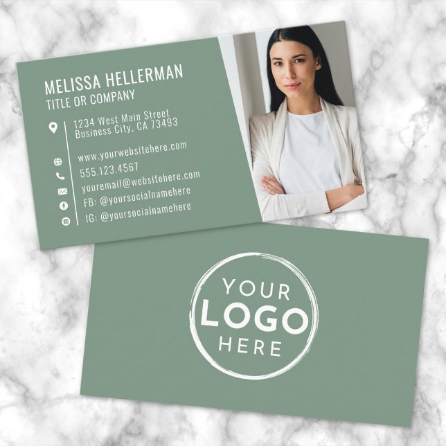 Carte De Visite Logo photo moderne vert sauge professionnel (Sage Green Modern Photo Logo Professional Business Card )