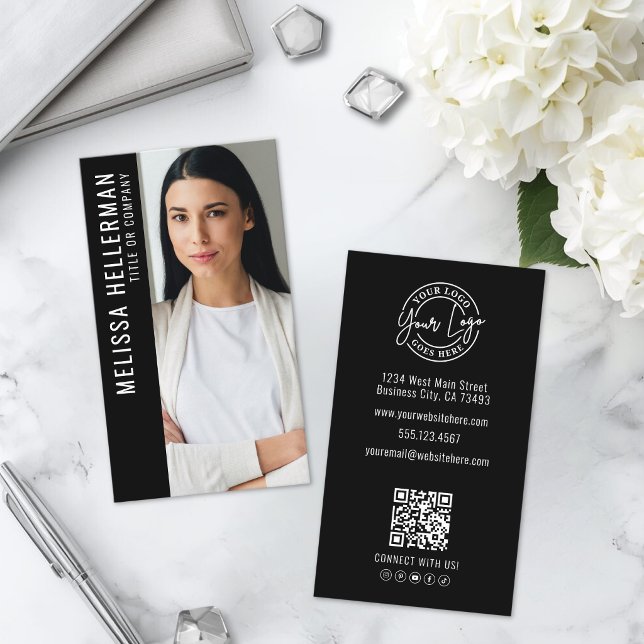 Carte De Visite Logo Photo Noir Vertical (Black Photo Logo Vertical Business Card)