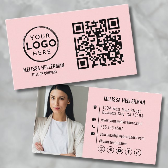 Carte De Visite Logo photo professionnel moderne avec code QR rose (Blush Pink QR Code Modern Professional Photo Logo Business Card)