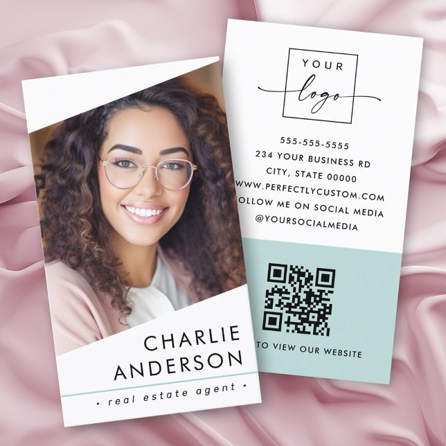 Carte De Visite Logo photo QR code moderne blanc clair aqua bleu (Photo logo QR code modern white light aqua blue Business Card)